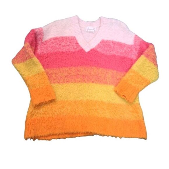 Anthropologie Women's Simone Striped Sweater Pink Orange Multi V Neck Medium - Picture 2 of 9